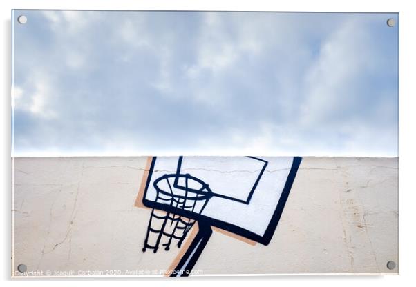 Outdoor basketball court decorated with street graffiti, half with blue sky and clouds in the background. Acrylic by Joaquin Corbalan