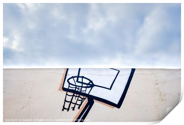 Outdoor basketball court decorated with street graffiti, half with blue sky and clouds in the background. Print by Joaquin Corbalan