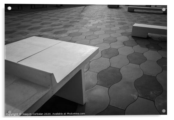 Simple urban architecture elements and tiled floor in a park, in black and white. Acrylic by Joaquin Corbalan