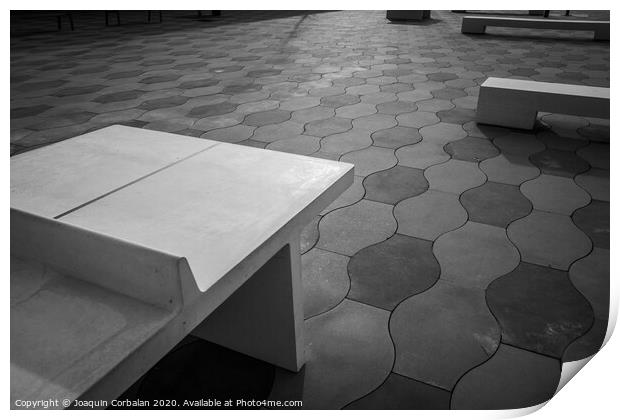 Simple urban architecture elements and tiled floor in a park, in black and white. Print by Joaquin Corbalan
