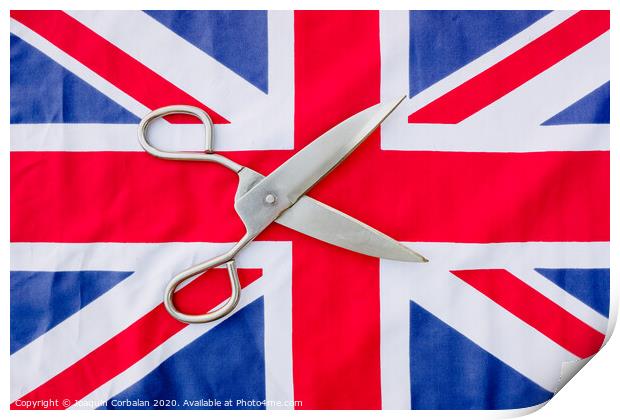 A woman cuts with scissors the British flag in protest. Print by Joaquin Corbalan