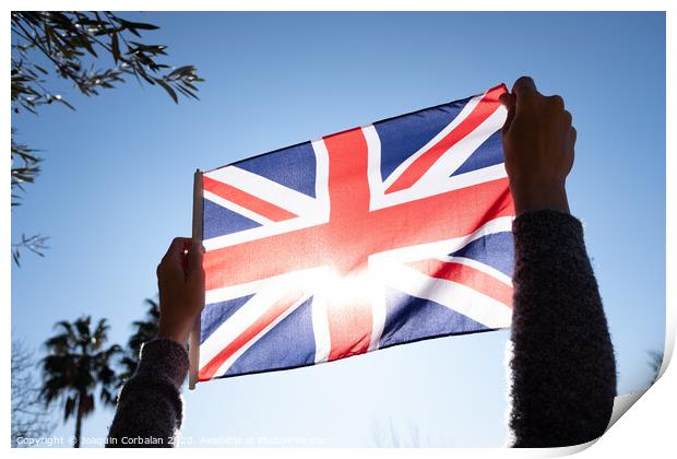 Symbolic protest against United Kingdom by mistreating its national flag. Print by Joaquin Corbalan