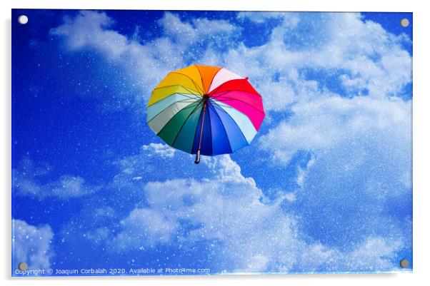 Multicolored umbrella flying suspended over bright blue sky background , with copy space. Acrylic by Joaquin Corbalan