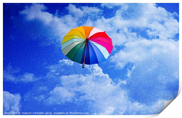 Multicolored umbrella flying suspended over bright blue sky background , with copy space. Print by Joaquin Corbalan