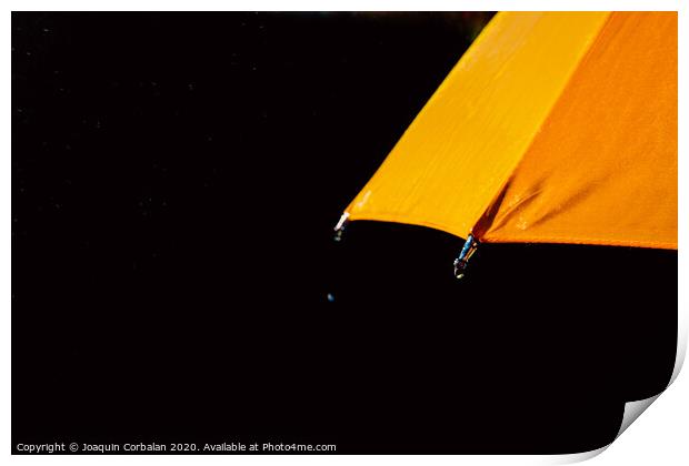 Multicolored umbrella under raindrops isolated on black as background. Print by Joaquin Corbalan