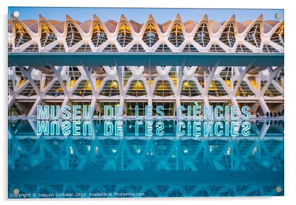 Museum of the sciences of the city, with luminous letters reflected in the lake. Acrylic by Joaquin Corbalan