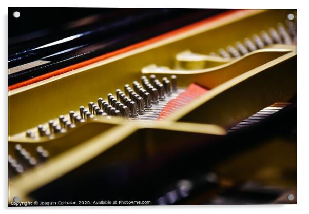 Detail of the interior of a piano with the soundboard, strings and pins. Acrylic by Joaquin Corbalan