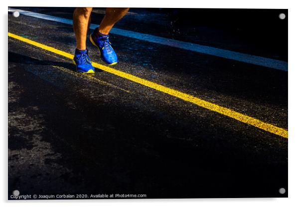A lonely runner trains on wet asphalt at sunset, copy space. Acrylic by Joaquin Corbalan