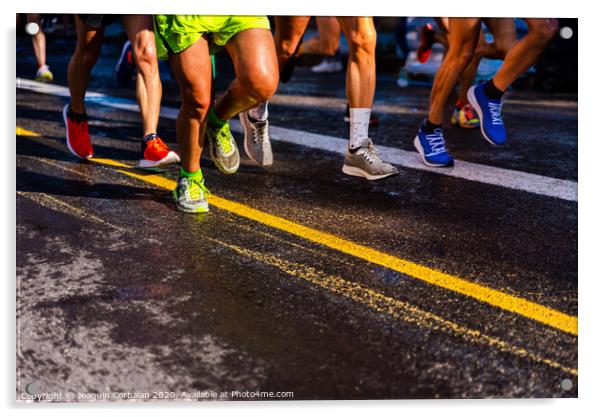 Muscled legs of a group of several runners training running on asphalt Acrylic by Joaquin Corbalan