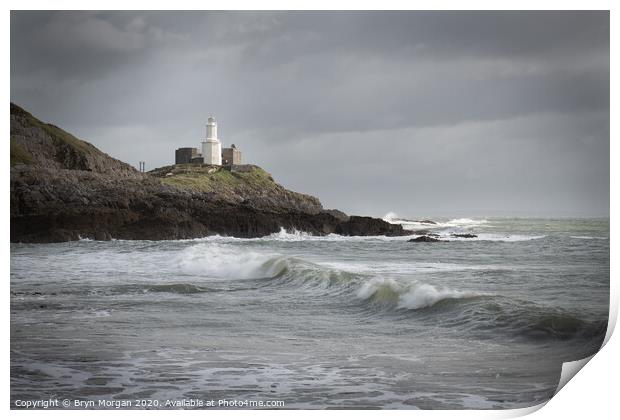 Wave at Mumbles lighthouse Print by Bryn Morgan