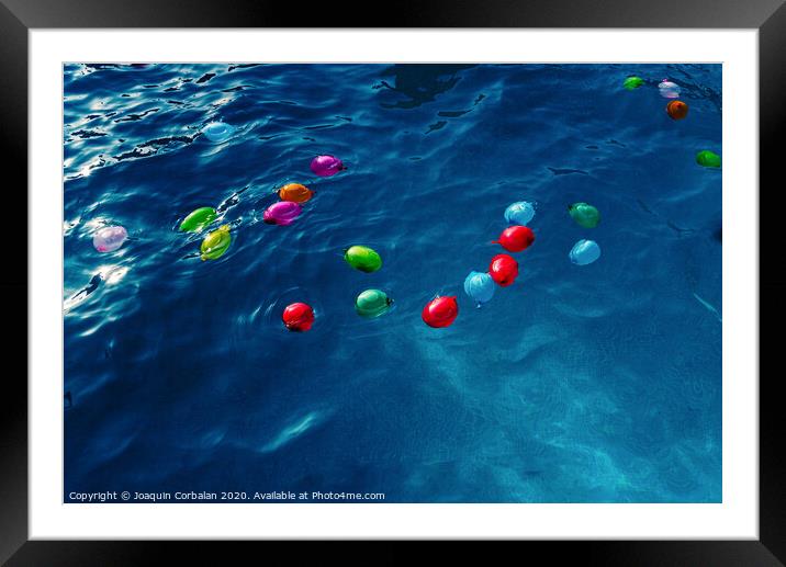 Colorful plastic water balloons floating in a pool to play on vacation to cool off. Framed Mounted Print by Joaquin Corbalan