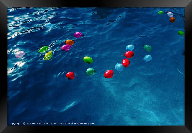 Colorful plastic water balloons floating in a pool to play on vacation to cool off. Framed Print by Joaquin Corbalan