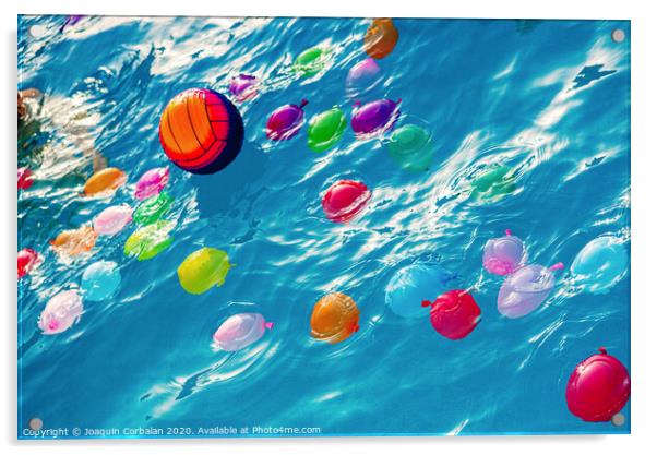 Group of many colorful plastic water balloons floating in the water of a pool to entertain their children on summer vacations. Acrylic by Joaquin Corbalan