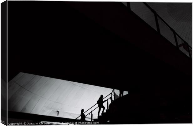 Silhouettes of people inside a building crossing stairs and walkways. Canvas Print by Joaquin Corbalan