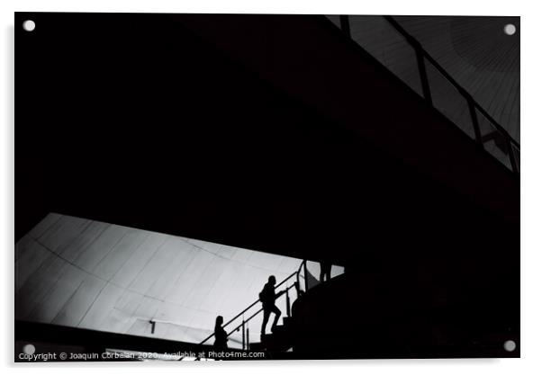 Silhouettes of people inside a building crossing stairs and walkways. Acrylic by Joaquin Corbalan