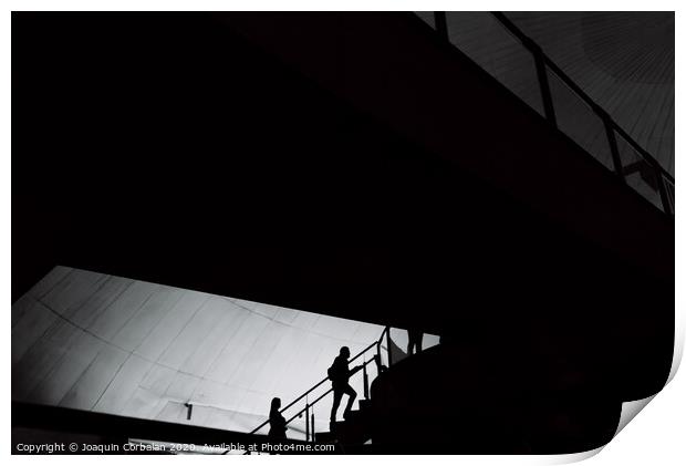 Silhouettes of people inside a building crossing stairs and walkways. Print by Joaquin Corbalan