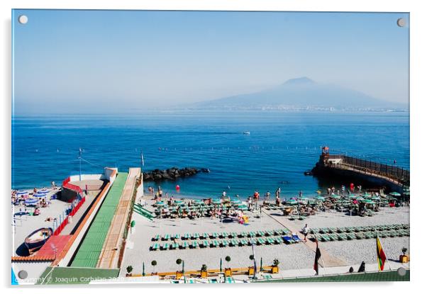  A beach with sunbathers in Sorrento, with background of unfocused view of Vesuvius volcano. Acrylic by Joaquin Corbalan