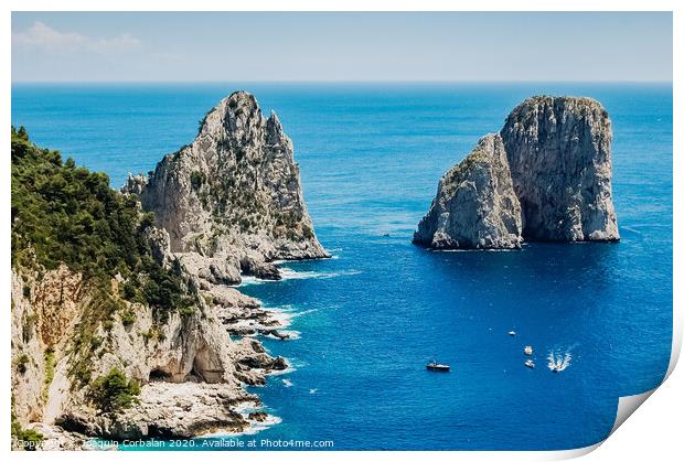 Natural rock arches and cliffs on the coast Sorrento and Capri, Italian islands with crystal clear waters where tourist boats crowd to photograph them in summer. Print by Joaquin Corbalan