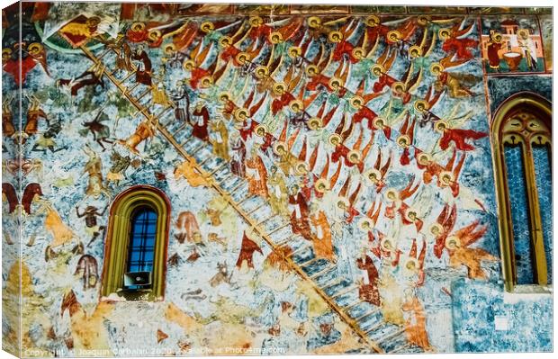 Paintings in frescoes of religious, colorful motifs, in Orthodox Christian monasteries of Bucovina. Canvas Print by Joaquin Corbalan