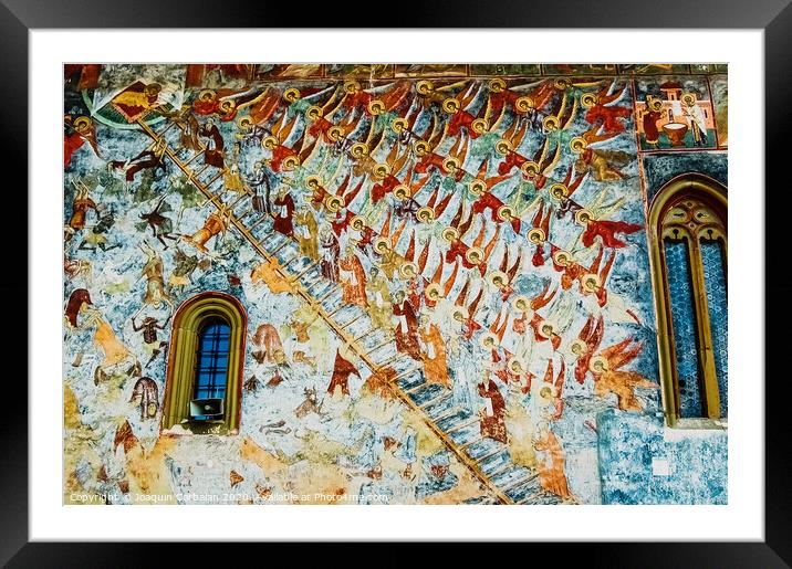 Paintings in frescoes of religious, colorful motifs, in Orthodox Christian monasteries of Bucovina. Framed Mounted Print by Joaquin Corbalan