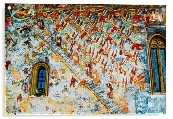 Paintings in frescoes of religious, colorful motifs, in Orthodox Christian monasteries of Bucovina. Acrylic by Joaquin Corbalan