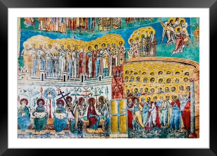 Paintings in frescoes of religious, colorful motifs, in Orthodox Christian monasteries of Bucovina. Framed Mounted Print by Joaquin Corbalan