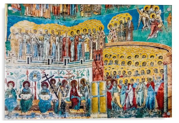 Paintings in frescoes of religious, colorful motifs, in Orthodox Christian monasteries of Bucovina. Acrylic by Joaquin Corbalan