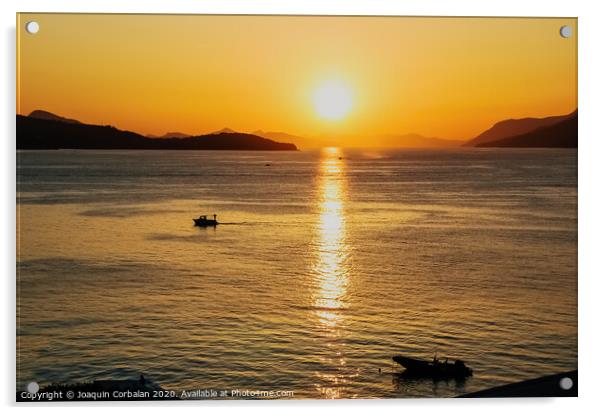 Sunset in a bay with mountains in the background and a small boat anchored. Acrylic by Joaquin Corbalan