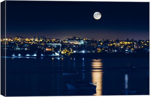 Night view of Cascais, Portugal with full moon reflecting on water and fishing boats Canvas Print by Alexandre Rotenberg