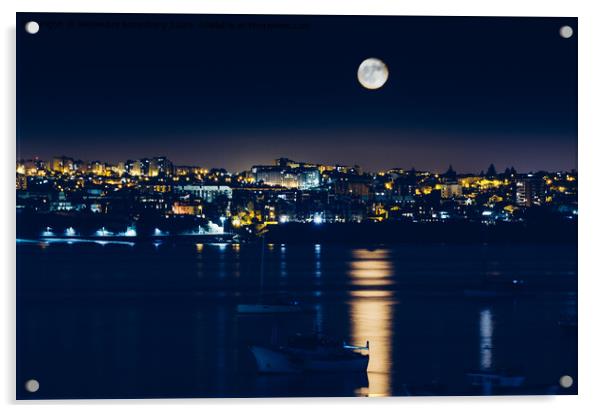 Night view of Cascais, Portugal with full moon reflecting on water and fishing boats Acrylic by Alexandre Rotenberg
