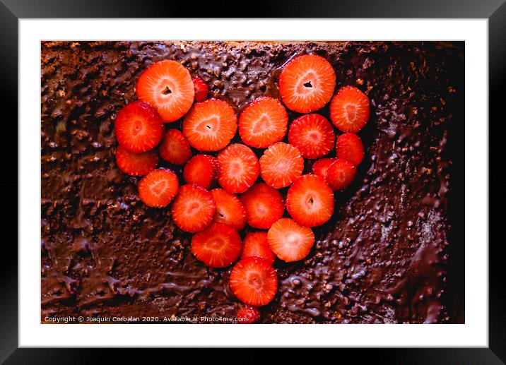 Sliced strawberry cut on a cake on a tray before baking it, with a heart shape. Framed Mounted Print by Joaquin Corbalan