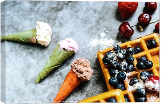 Appetizing ice cream with fruits and waffles, the ideal snack in a restaurant in summer. Canvas Print by Joaquin Corbalan