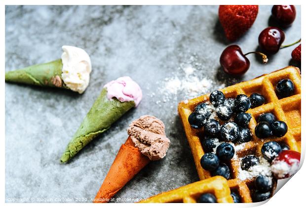 Appetizing ice cream with fruits and waffles, the ideal snack in a restaurant in summer. Print by Joaquin Corbalan