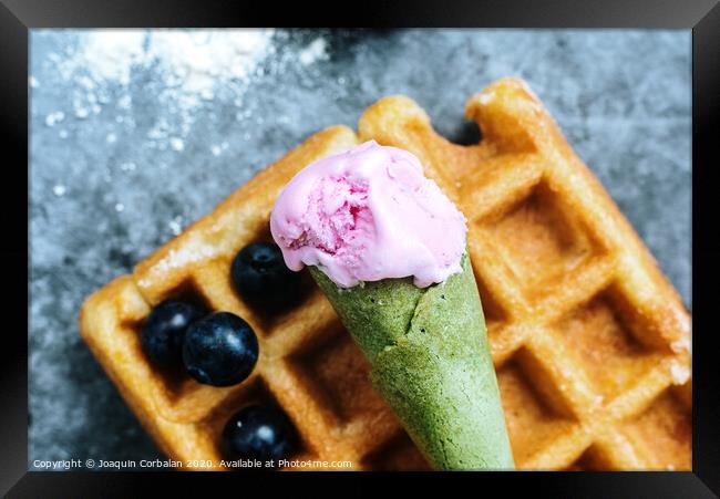 The pleasure of having breakfast on a Sunday morning a luxurious waffle with antioxidant red fruits full of vitamins for a healthy and full life. Framed Print by Joaquin Corbalan