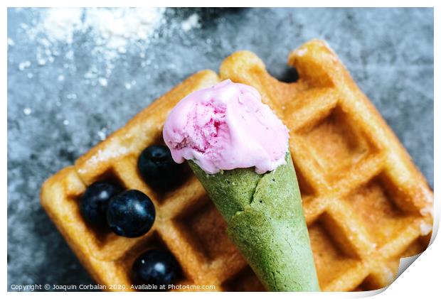 The pleasure of having breakfast on a Sunday morning a luxurious waffle with antioxidant red fruits full of vitamins for a healthy and full life. Print by Joaquin Corbalan