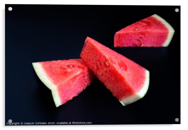 Three slices of watermelon stacked of intense color isolated on black background. Acrylic by Joaquin Corbalan