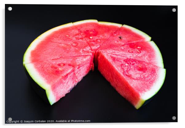 A large slice of watermelon divided into smaller pieces, flat, red, isolated on a black background, as a data chart. Acrylic by Joaquin Corbalan
