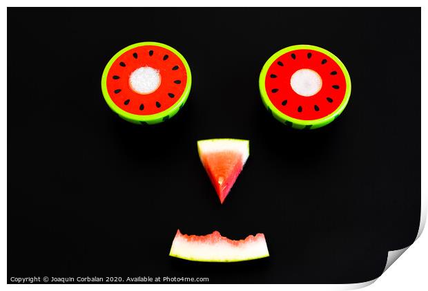 Composition of a funny face made with fruit, smile of a watermelon for summer diets. Print by Joaquin Corbalan