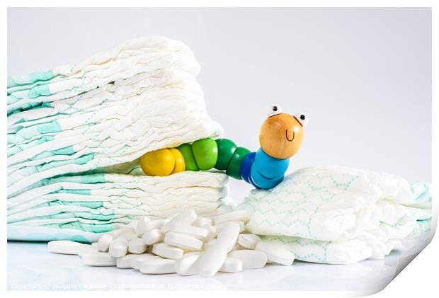 Enterobiasis is a infections of worms, Enterobius vermicularis or pinworms, which affects children and babies. A toy worm with some diapers and pills. Print by Joaquin Corbalan
