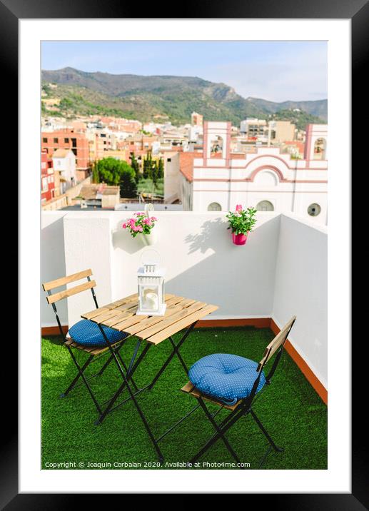 White terrace for coffee overlooking the village and Mexican mountain, blue sky. Framed Mounted Print by Joaquin Corbalan