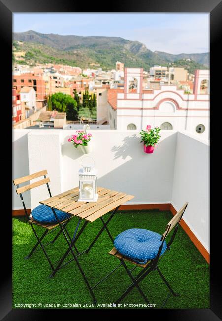 White terrace for coffee overlooking the village and Mexican mountain, blue sky. Framed Print by Joaquin Corbalan