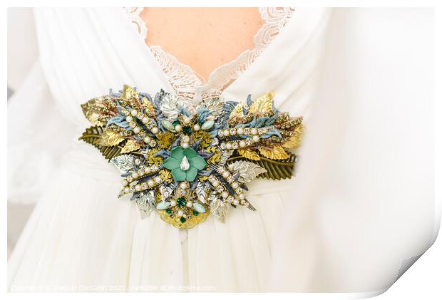 Flower shaped brooch made with small gemstones for a wedding dress. Print by Joaquin Corbalan
