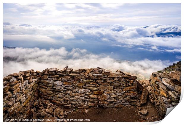 Stone shelter on top of the mountainous peak of Peñarala, in the Sierra de Guadarrama, Spain. Print by Joaquin Corbalan