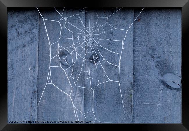 Spiders web on fence covered in ice Framed Print by Simon Bratt LRPS