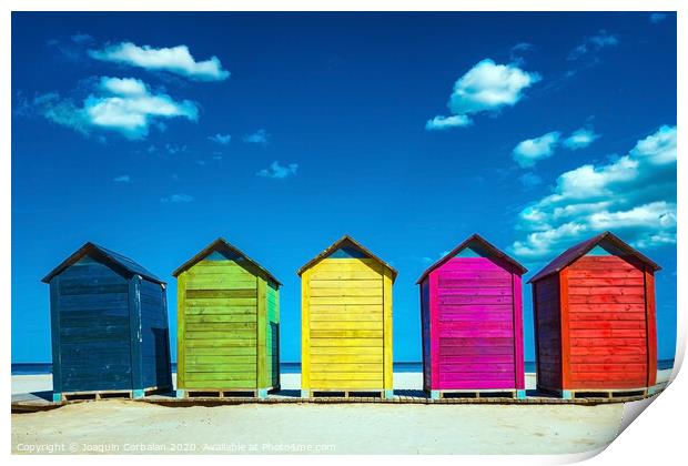 Colorful wooden changing huts on a beach, with nice background of clear blue sky on the coast. Print by Joaquin Corbalan