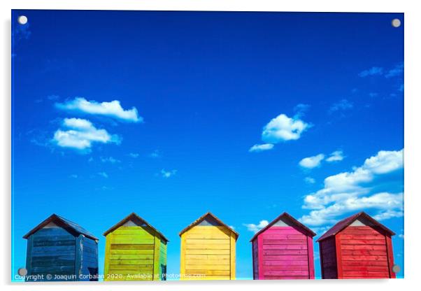 Colorful wooden changing huts on a beach, with nice background of clear blue sky on the coast. Acrylic by Joaquin Corbalan
