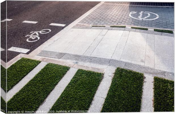 New bike lanes next to recharging stations for electric vehicles on paved asphalt. Canvas Print by Joaquin Corbalan