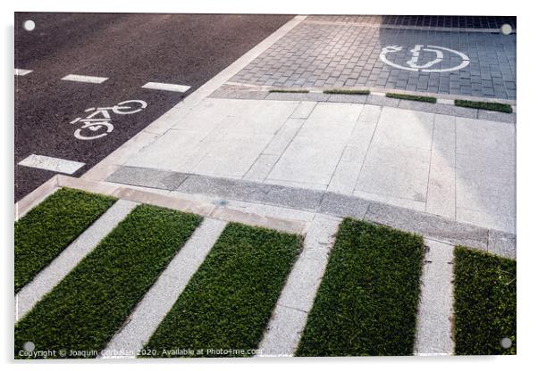 New bike lanes next to recharging stations for electric vehicles on paved asphalt. Acrylic by Joaquin Corbalan