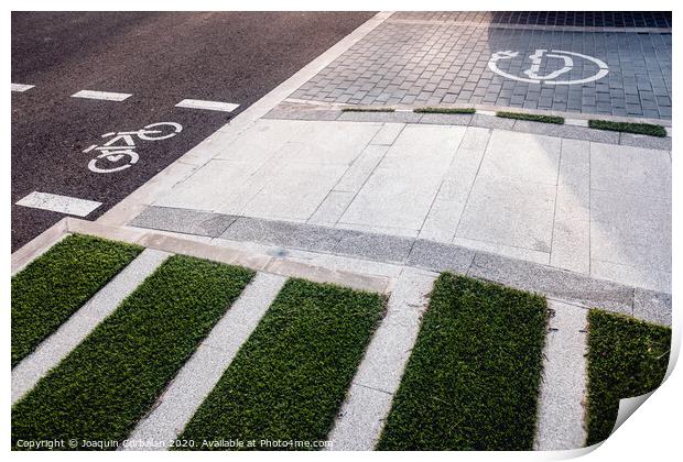 New bike lanes next to recharging stations for electric vehicles on paved asphalt. Print by Joaquin Corbalan