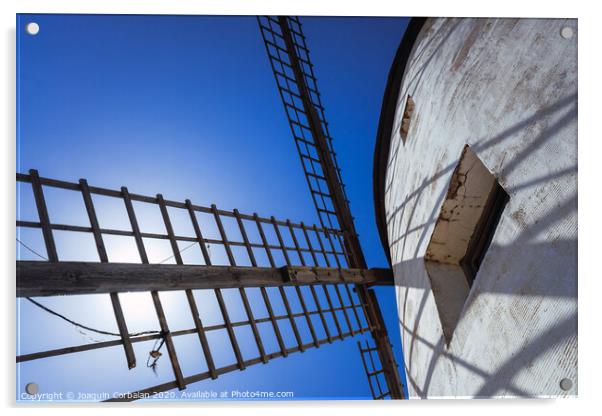 Traditional windmill of La Mancha, in Spain, protagonist of the famous novel Don Quixote. Acrylic by Joaquin Corbalan